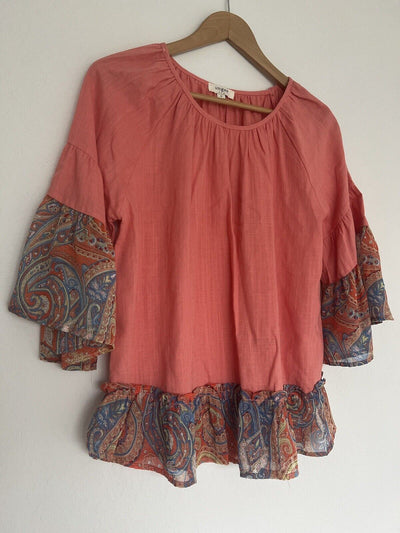 UMGEE Linen Blend Tunic Top Sz S Coral Ruffled Paisley Bell Sleeve Boho