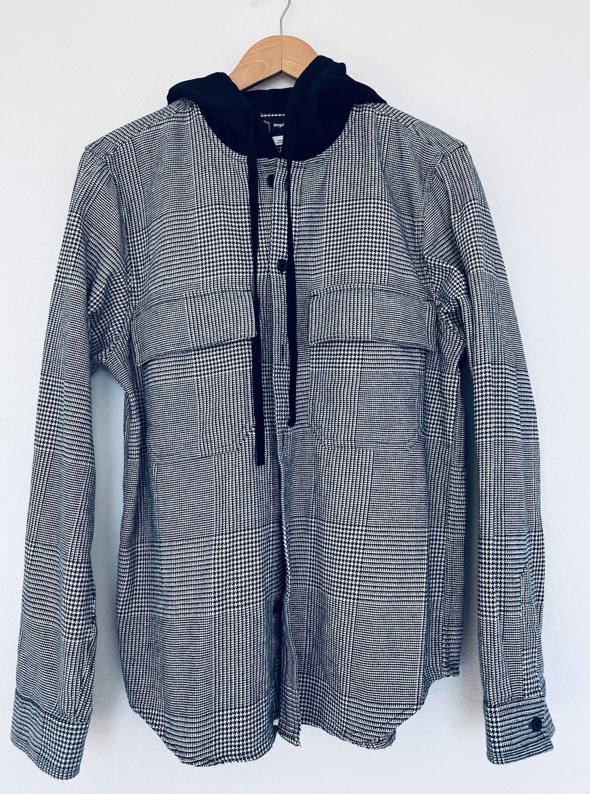 ORIGINAL USE Mens Hooded Shirt Sz M Heavyweight Pockets Long-Sleeve Houndstooth