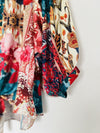 Chicos  Satin Colorful Top Sz 14 Red Floral Lantern 3/4 Sleeves Tie Waist
