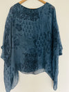 AMBRA 100% Silk Floral Tunic Blouse 3/4 Sleeve Blue Paisley Poncho Style Boho