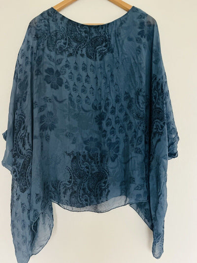AMBRA 100% Silk Floral Tunic Blouse 3/4 Sleeve Blue Paisley Poncho Style Boho