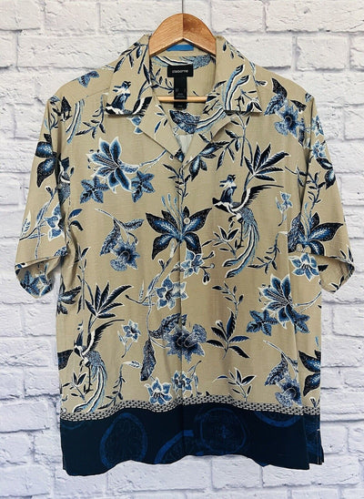CLAIBORNE Mens 100% Silk Hawaiian Shirt Sz L Floral Print Button Down Beige Blue