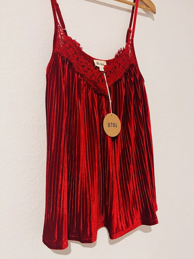 BIBI Pleated Velvet Velour Swing Top Sz S Burgundy Crochet Tank Whimsigoth