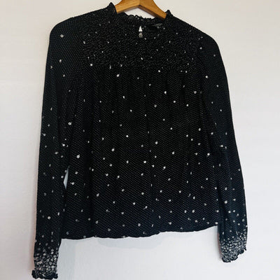 LUCKY BRAND Ditsy Floral Blouse Sz S Long Sleeve Black Smocked Neck Top Boho