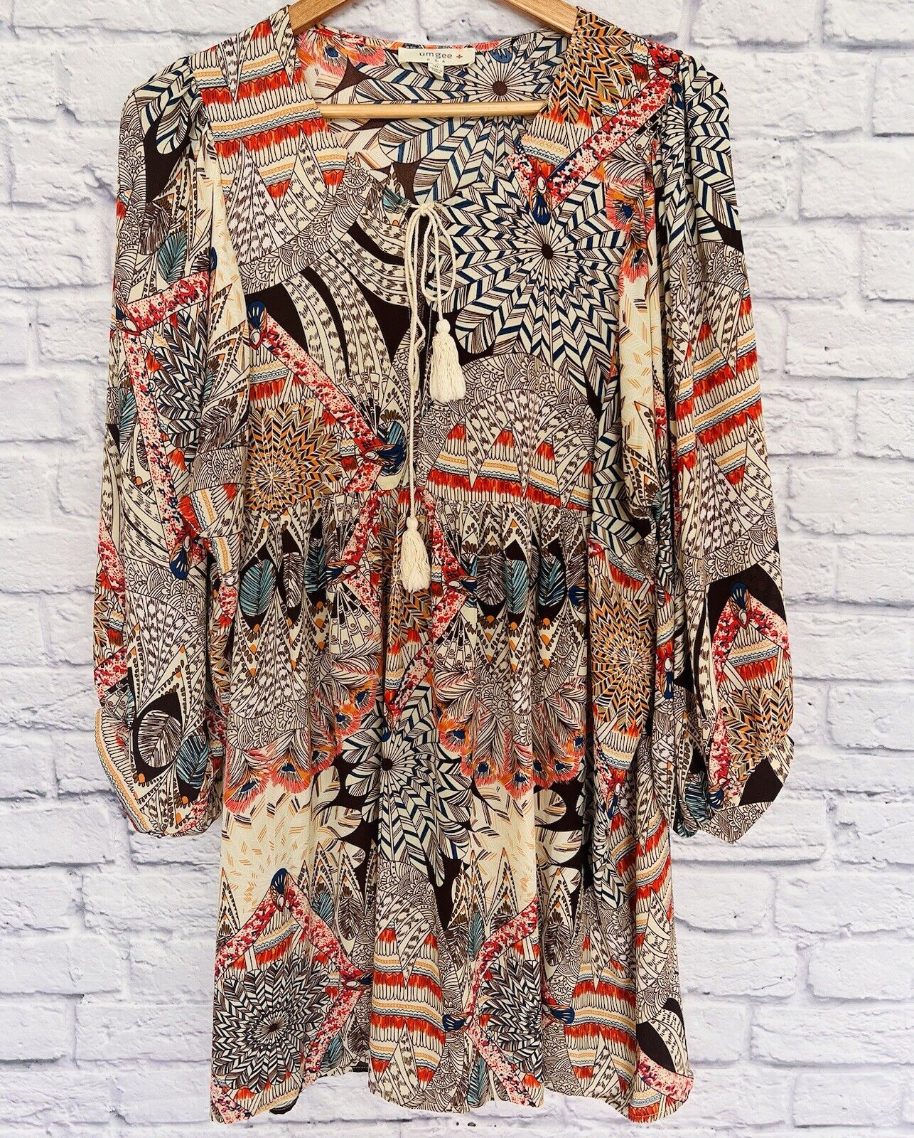 UMGEE Womens Tunic Top Dress Sz Small Brown Flowy Tribal Western Boho