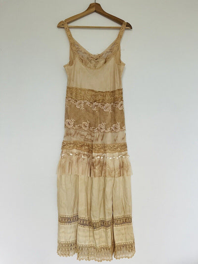 1920s Lace & Tulle Slip Style Dress Tan Tea Stained Bodice Gatsby Boho