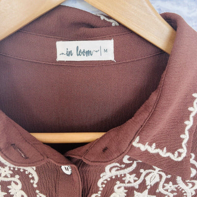 IN LOOM Brown Embroidered Blouse Sz M 1/2 Button Long Sleeve Western Boho Rodeo