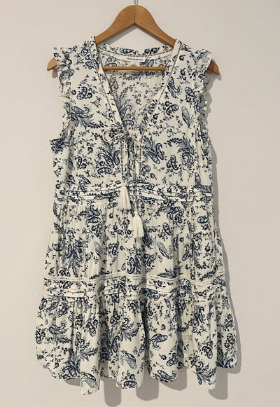 LUCKY BRAND Blue Paisley Dress Sz L Sleeveless Ruffle Tie Neck Crochet Boho