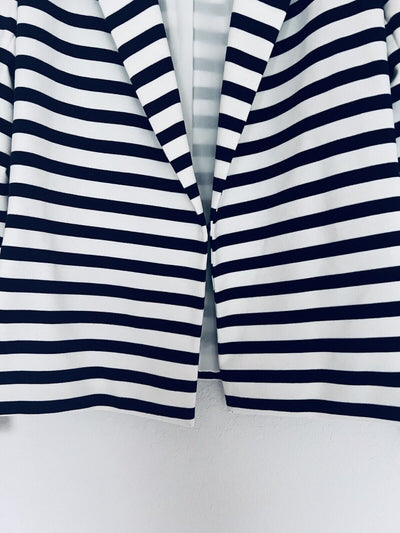 CHICO’S Knit Blazer Jacket Sz Small Nautical Blue White Stripes Cropped