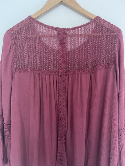 KNOX ROSE Fuchsia Flowy Top Sz XXL Lace Ruffle Flared Long Sleeves Blouse