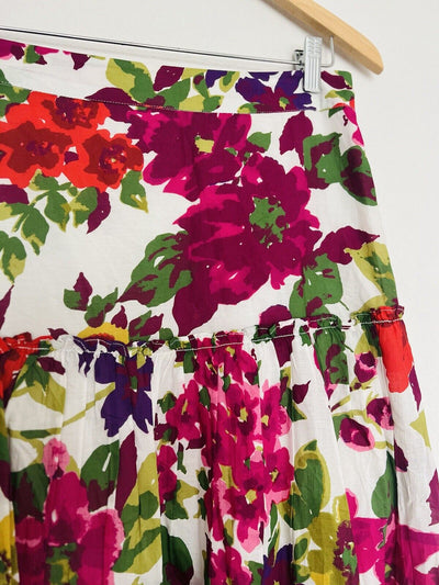 SUNDANCE Full Floral Maxi Skirt Sz S Pink Cotton Tiered Lined Side Zip Boho
