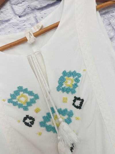 KENZIE White Turquoise Dress Beaded Sz 6 Sleeveless Cotton Lined Boho Western