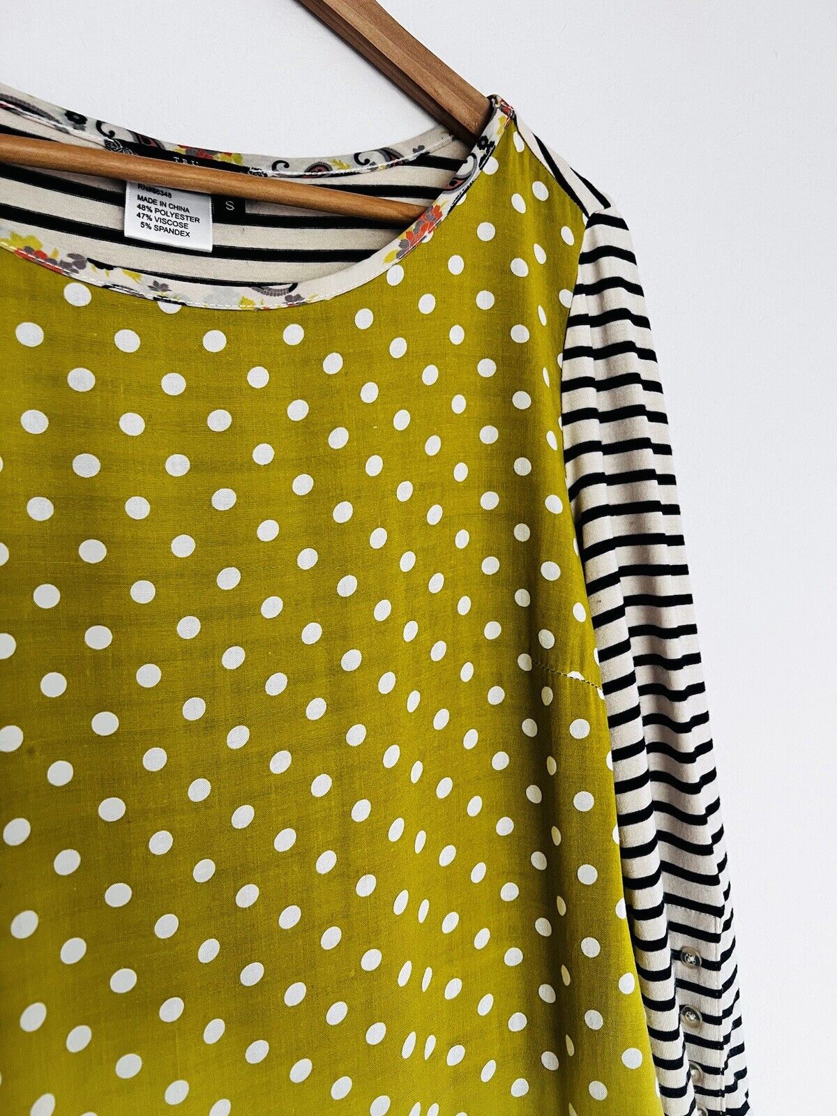 TRU LUX JEANS Mixed Print Tunic Sz S Striped Polka Dot Pockets Ruffle Top
