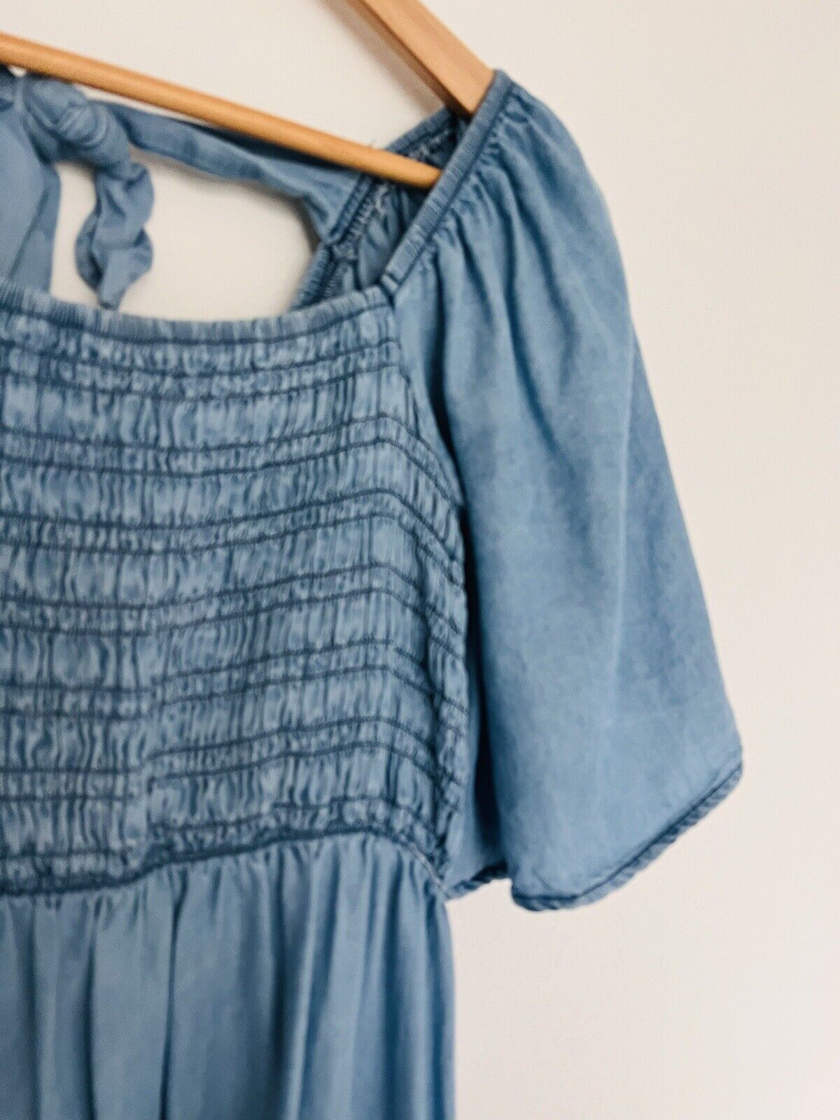 BLU PEPPER Smocked Mini Dress Sz S Tiered Puff Sleeves Tie Back Boho Western