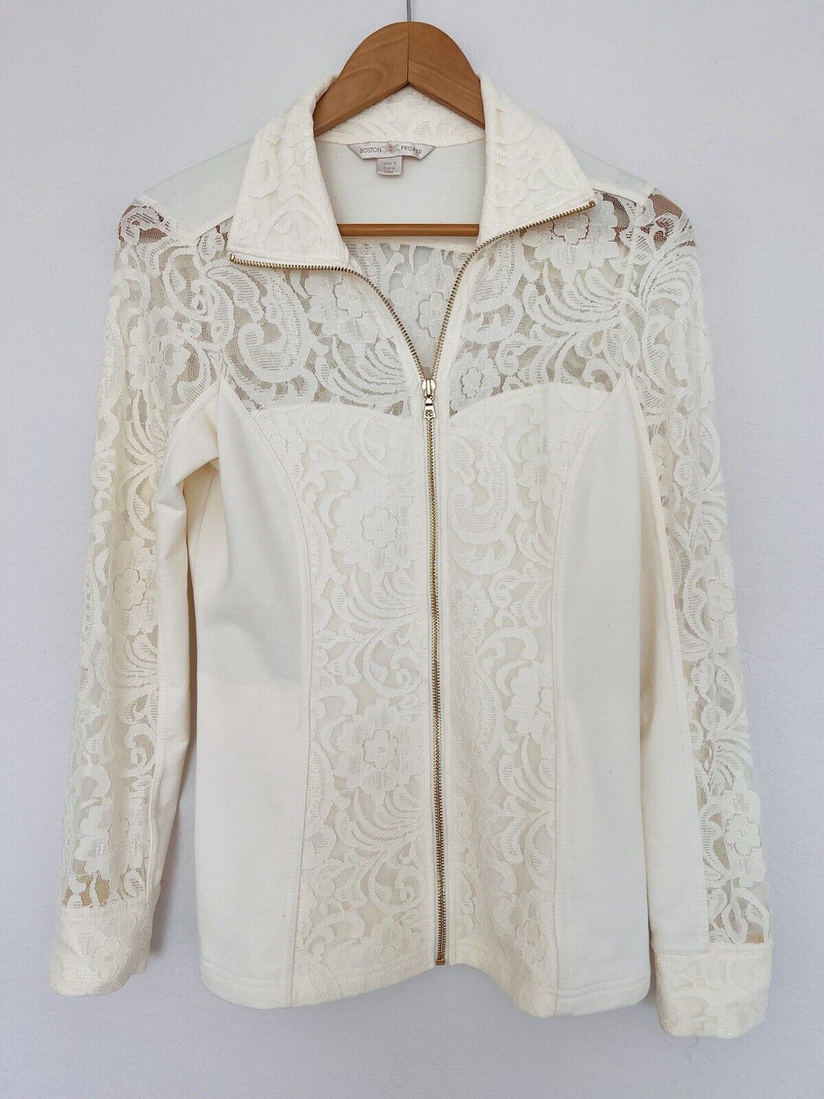 BOSTON PROPER Womens Mix Media Jacket Sz S Lace Jersey Gold Zip Ivory