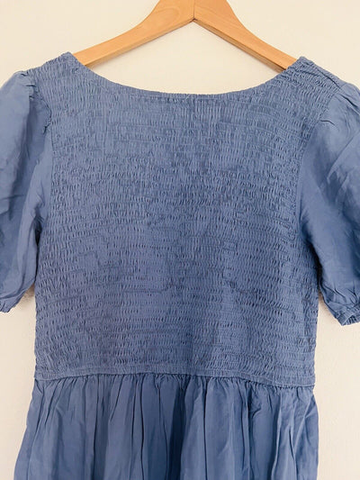 UNBRANDED Smocked Tiered Maxi Dress Sz L Blue Puff Sleeve Long Peasant Boho