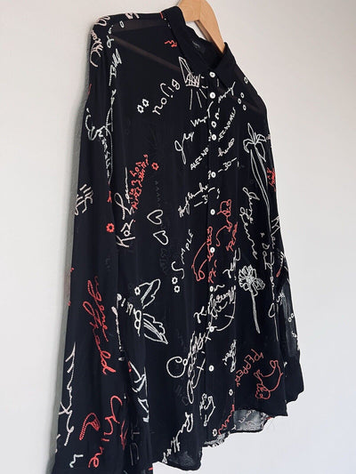 ALLSAINTS Kyra Embroidered Blouse Sz M Black Lightweight Sheer Button Down