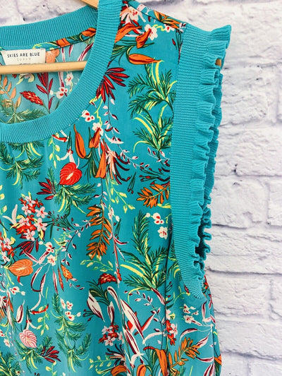 SKIES ARE BLUE Women Sleeveless Top Sz 3X Floral Print Mix Media Ruffle Blouse