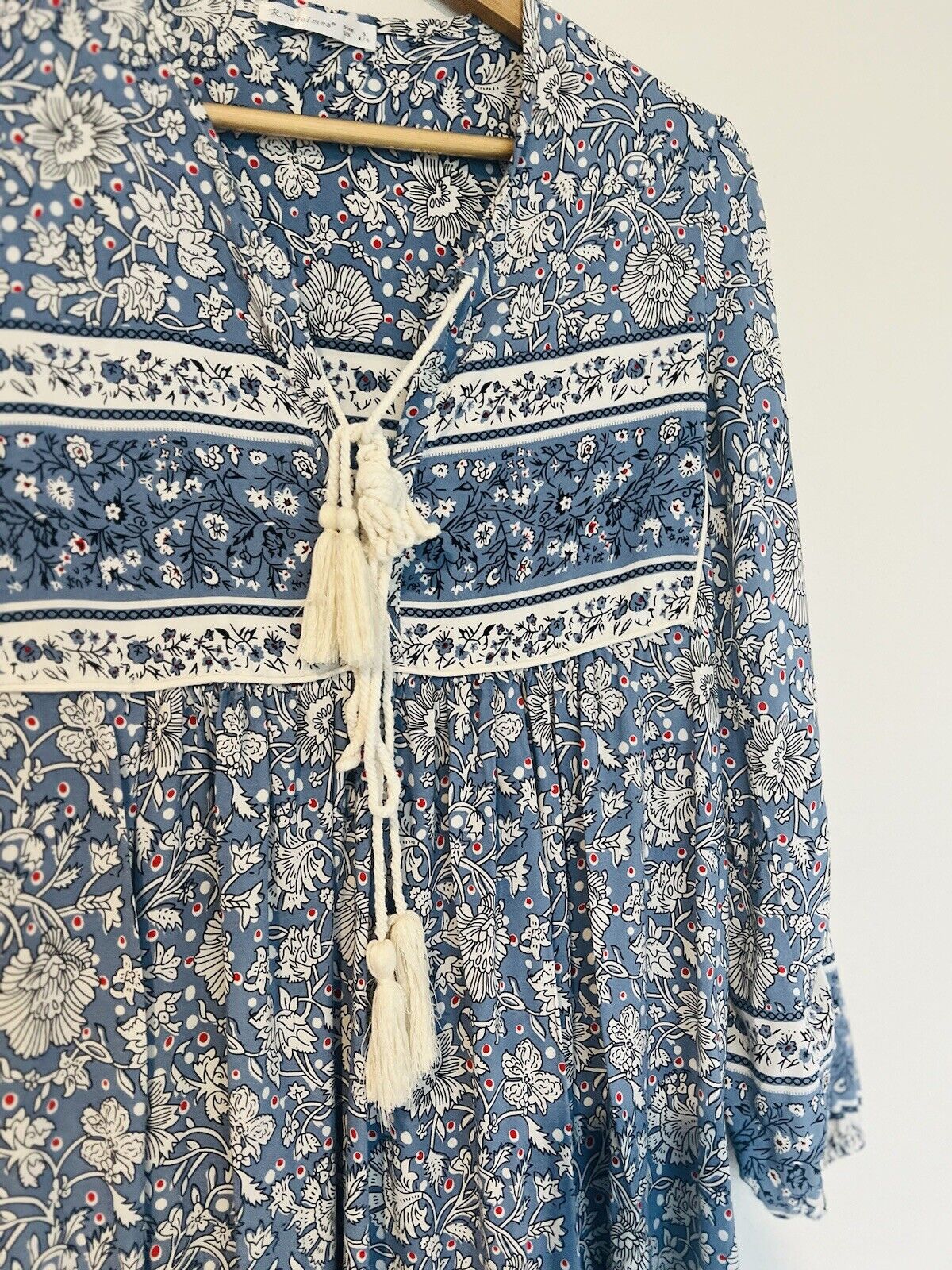 R.Vivimos Boho Dress Long Sleeve Tassel Midi Relaxed Fit Floral Blue Size S 4/6