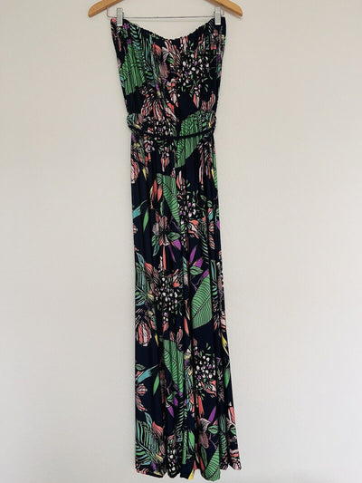 BEACH BREAK Navy Blue Jumpsuit Sz M Wide Legs Strapless Cover-Up Tassel Tropical