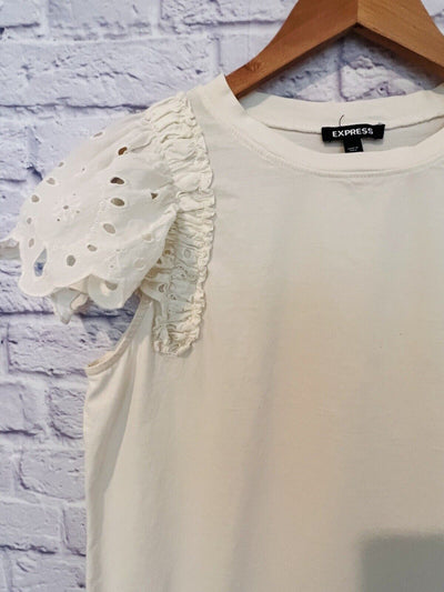 EXPRESS Womens Ivory Top Small Puff Eyelet Sleeves Boho 100% Cotton