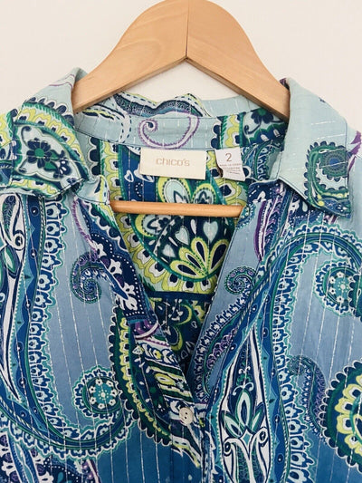 CHICO’S Paisley Blouse Sz Large Blue Lightweight Cotton Metallic Stripe Large