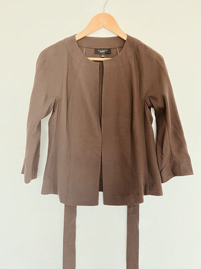 TALBOTS Womens Open Front Coat Sz 4 3/4 Sleeve Tie Waist Brown Jacket Office