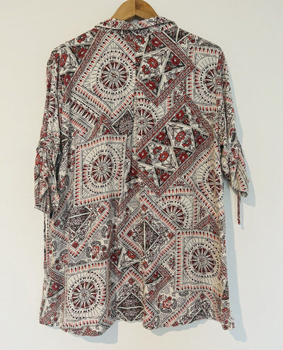JOHN MARK Beige Floral Button 1/2 Button Shirt Sz XL Ruched Pocket Wire Tunic