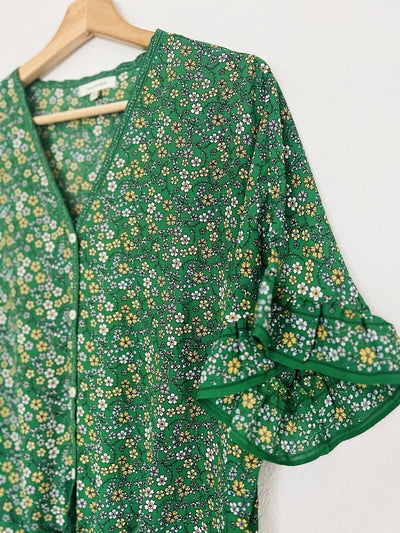 MAX STUDIO Floral Pattern Blouse Sz S V-Neck Button Tie Ruffle Crop Sleeve Boho