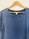 FRAYED JEANS Blue Distressed Jersey Top Sz L Ruffle Sleeve Relaxed Cotton Boho