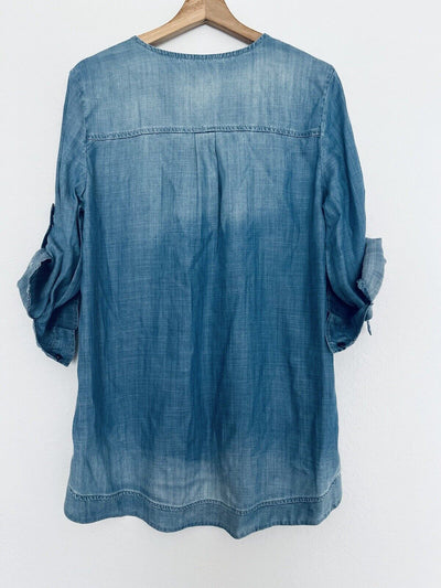 ANTHROPOLOGIE Dear John Chambray Denim Lace Up Tunic Blouse Sz S Roll Tab Boho