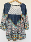 FIG & FLOWER Mixed Print Tunic Blouse Sz 3X Tie Neck Lace Flared Sleeve Boho