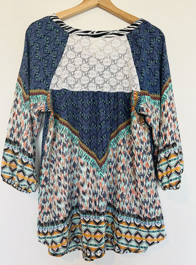 FIG & FLOWER Mixed Print Tunic Blouse Sz 3X Tie Neck Lace Flared Sleeve Boho