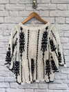 KINDRED Embroidered Eyelet Blouse Sz L Babydoll 3/4 Sleeve Ruffled Pullover Top