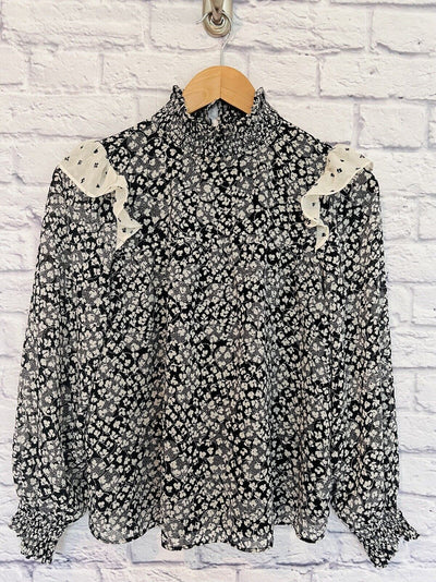 ANN TAYLOR Floral Smock Ruffle Blouse Sz P Small Ditsy Flower Workwear Career