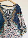 FIG & FLOWER Mixed Print Tunic Blouse Sz 3X Tie Neck Lace Flared Sleeve Boho
