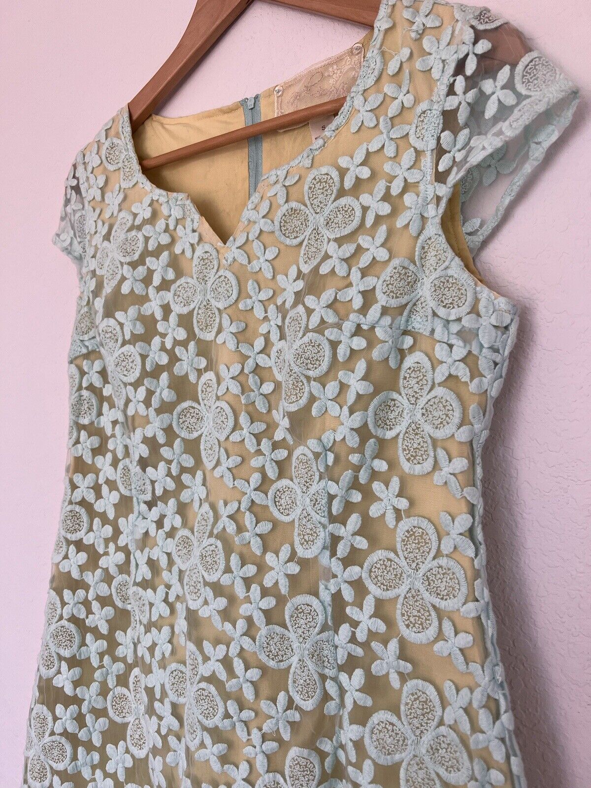 ANTHROPOLOGIE Nick & Mo Floral Blue Dress Sz S Lace Overlay 3/4 Sleeves Coquette
