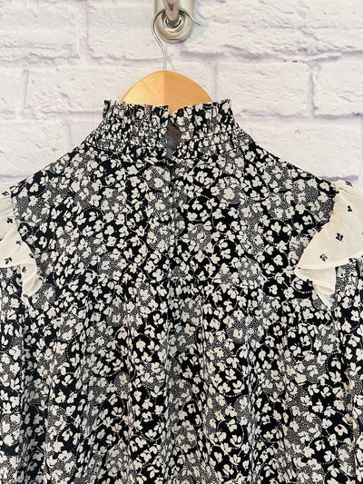ANN TAYLOR Floral Smock Ruffle Blouse Sz P Small Ditsy Flower Workwear Career