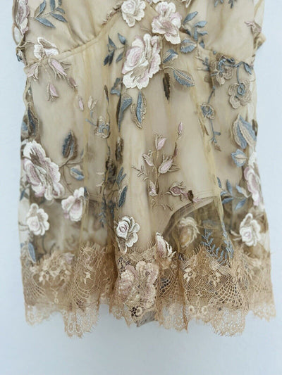 TUART Floral Lace Overlay Nude Bodysuit Sz M Pastel Blouse Embroidery Boho Fairy