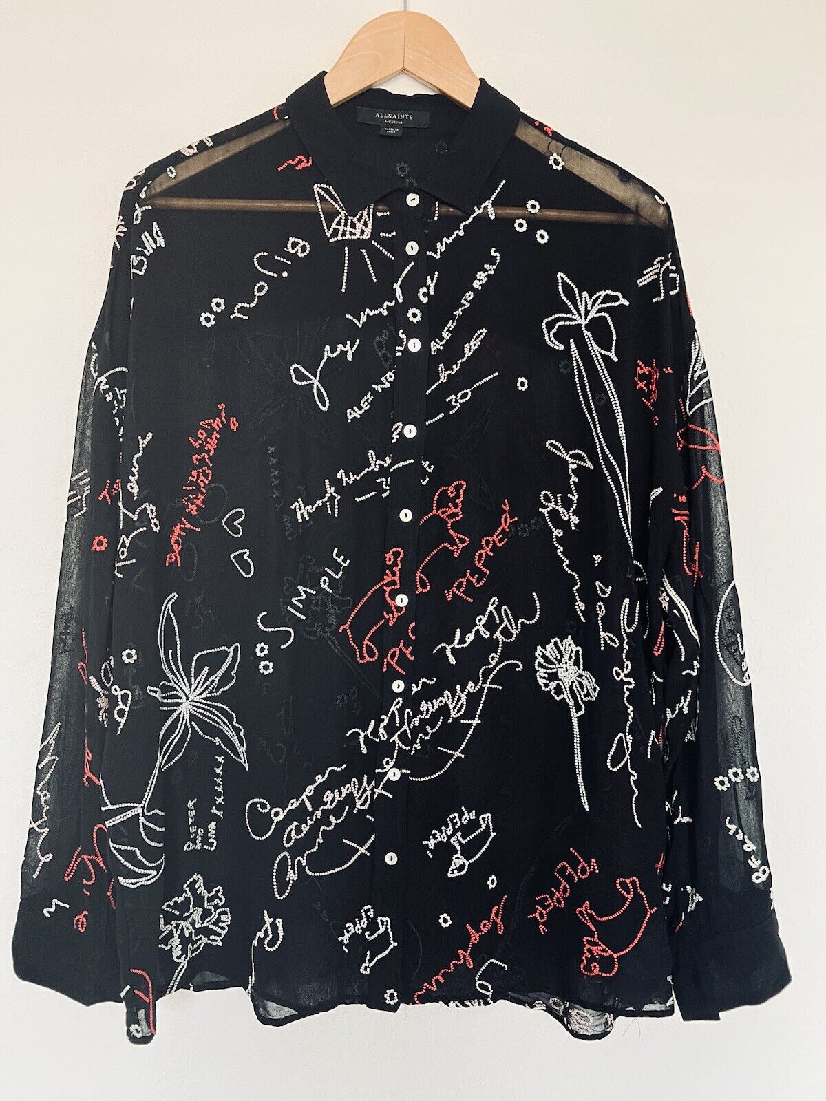 ALLSAINTS Kyra Embroidered Blouse Sz M Black Lightweight Sheer Button Down