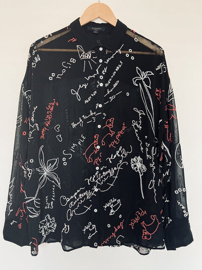 ALLSAINTS Kyra Embroidered Blouse Sz M Black Lightweight Sheer Button Down