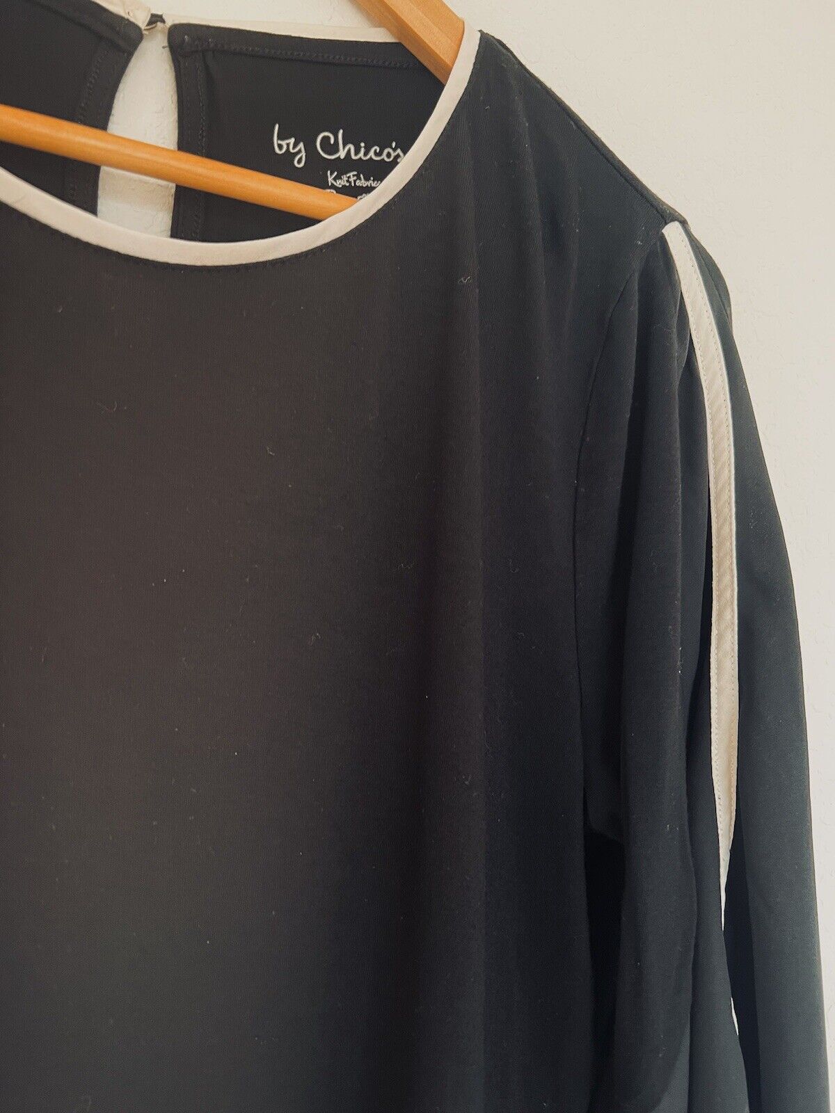 CHICO’S Black 3/4 Sleeve Black Blouse Sz 8-10 White Trim Chiffon Sheer Career
