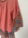 UMGEE Linen Blend Tunic Top Sz S Coral Ruffled Paisley Bell Sleeve Boho