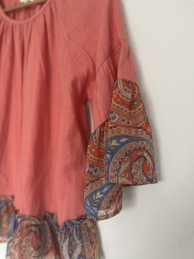 UMGEE Linen Blend Tunic Top Sz S Coral Ruffled Paisley Bell Sleeve Boho
