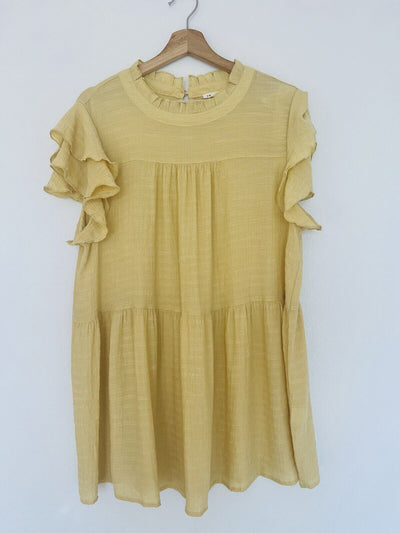 JODIFL Tiered Frilly Tunic Dress Sz 2X Mustard Color Ruffle Sleeves Collar Boho