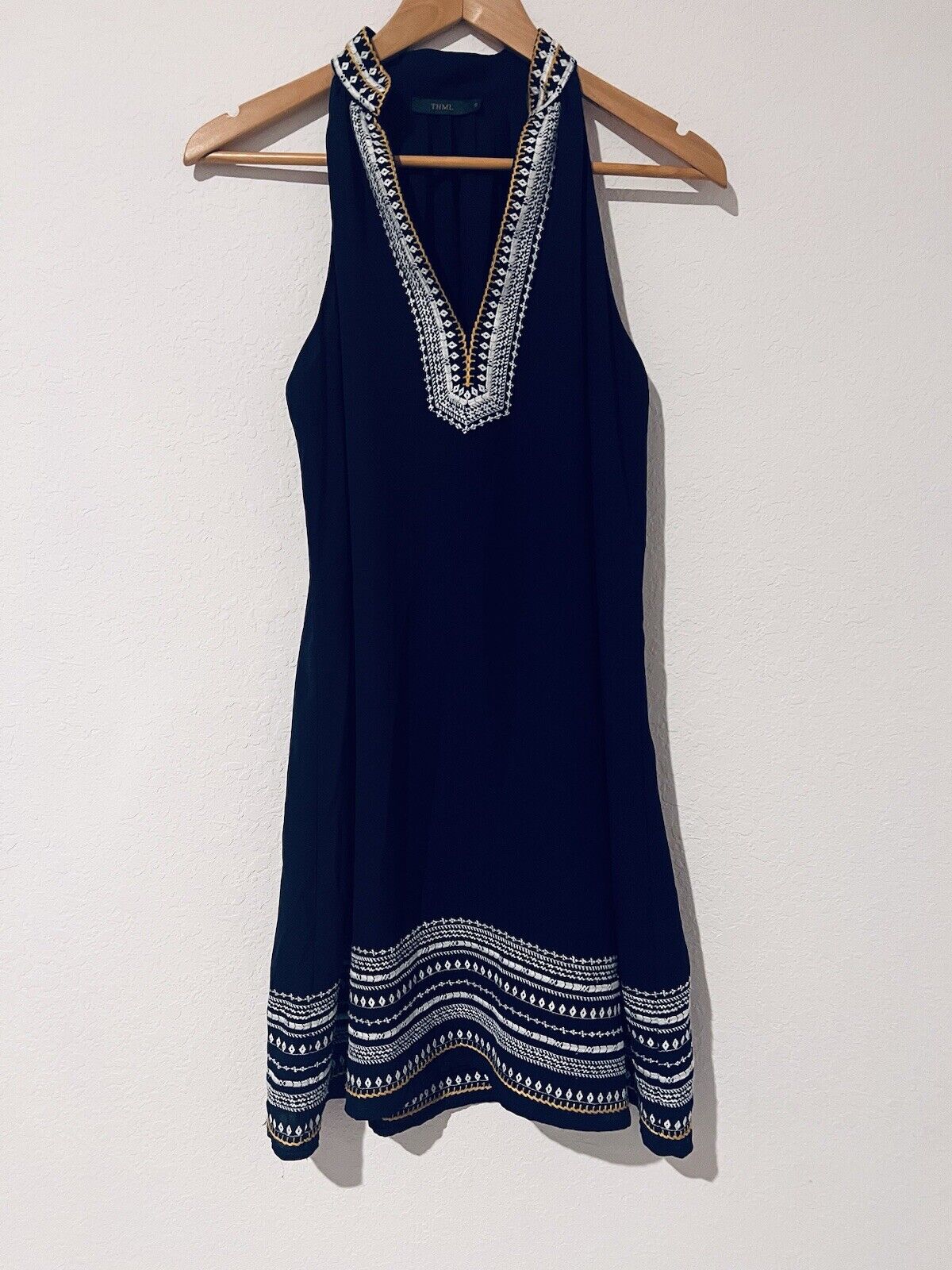 THML Womens Embroidered Navy Dress Sz S Sleeveless Knee Length