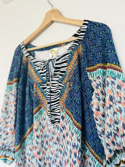 FIG & FLOWER Mixed Print Tunic Blouse Sz 3X Tie Neck Lace Flared Sleeve Boho