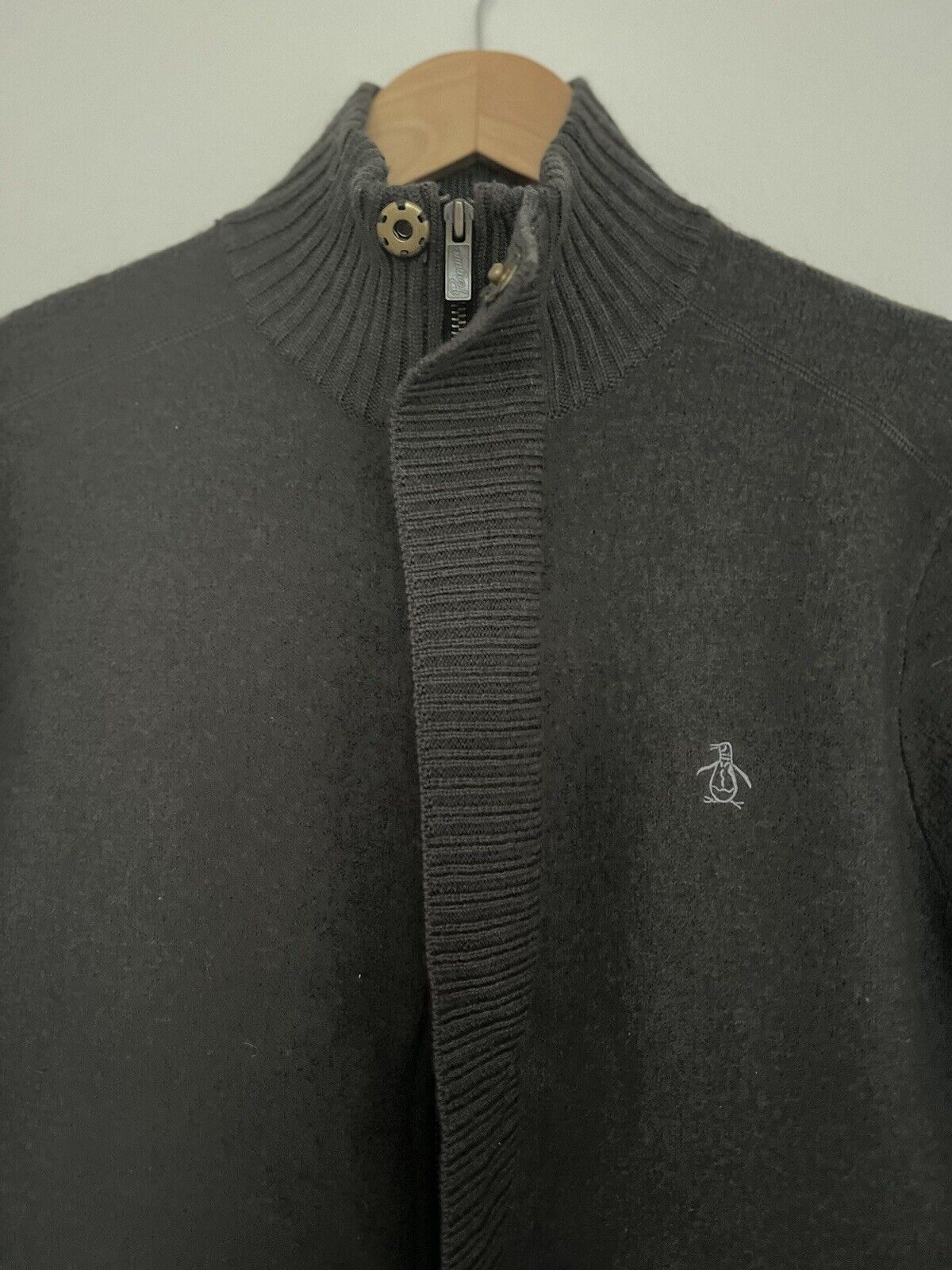 PENGUIN 100% Wool Sweater Sz M Gray Zip Mock Neck Chore Pockets Academia