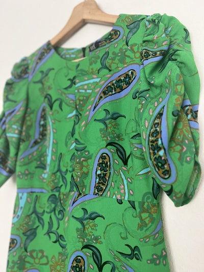 ZARA Green Paisley Leaf Short Mini Dress Sz S Ruched Puff Sleeves