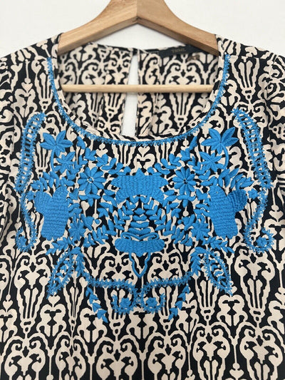 THML Blue  Embroidered Short Sleeve Blouse Sz S Geometric Print Lightweight Boho